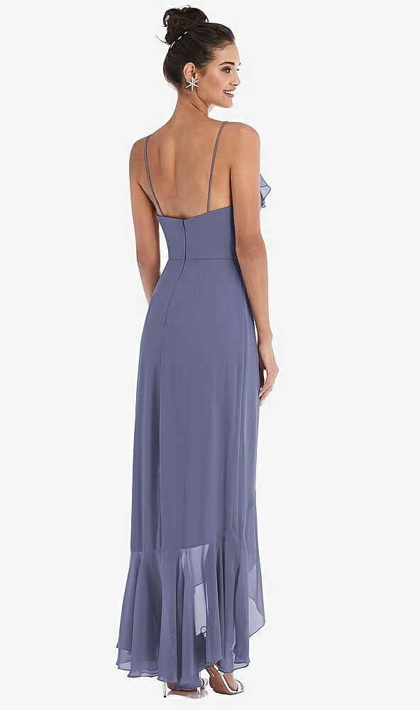 Back View - French Blue Ruffle-Trimmed V-Neck High Low Wrap Dress