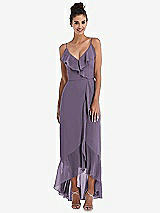 Front View Thumbnail - Lavender Ruffle-Trimmed V-Neck High Low Wrap Dress