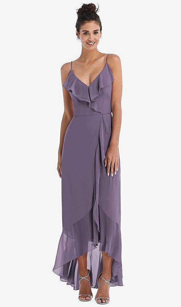 Front View - Lavender Ruffle-Trimmed V-Neck High Low Wrap Dress