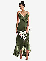 Alt View 1 Thumbnail - Olive Green Ruffle-Trimmed V-Neck High Low Wrap Dress