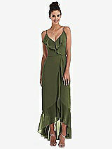Front View Thumbnail - Olive Green Ruffle-Trimmed V-Neck High Low Wrap Dress