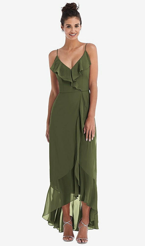 Front View - Olive Green Ruffle-Trimmed V-Neck High Low Wrap Dress