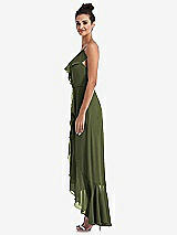 Side View Thumbnail - Olive Green Ruffle-Trimmed V-Neck High Low Wrap Dress