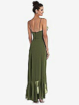 Rear View Thumbnail - Olive Green Ruffle-Trimmed V-Neck High Low Wrap Dress