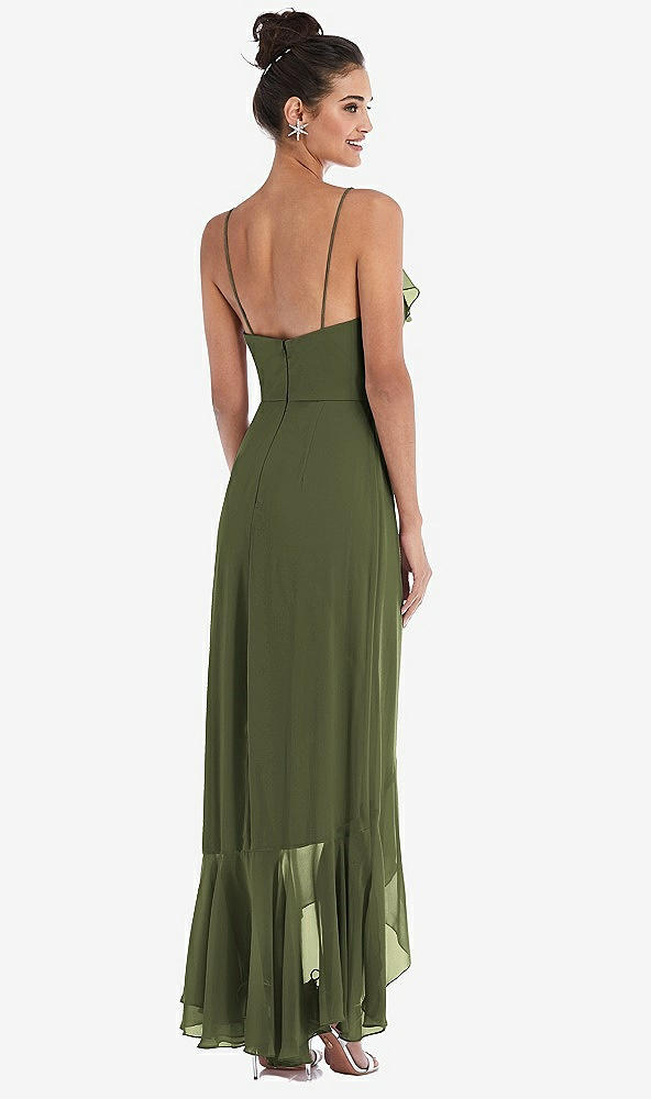 Back View - Olive Green Ruffle-Trimmed V-Neck High Low Wrap Dress