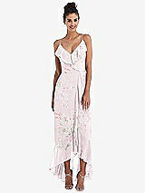 Front View Thumbnail - Watercolor Print Ruffle-Trimmed V-Neck High Low Wrap Dress