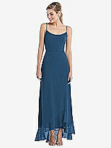 Front View Thumbnail - Dusk Blue Scoop Neck Ruffle-Trimmed High Low Maxi Dress