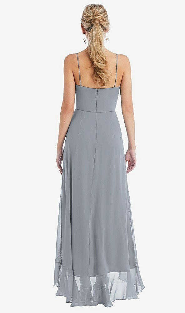 Back View - Platinum Scoop Neck Ruffle-Trimmed High Low Maxi Dress