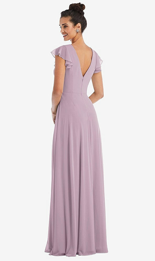Back View - Suede Rose Flutter Sleeve V-Keyhole Chiffon Maxi Dress