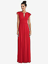 Front View Thumbnail - Parisian Red Flutter Sleeve V-Keyhole Chiffon Maxi Dress