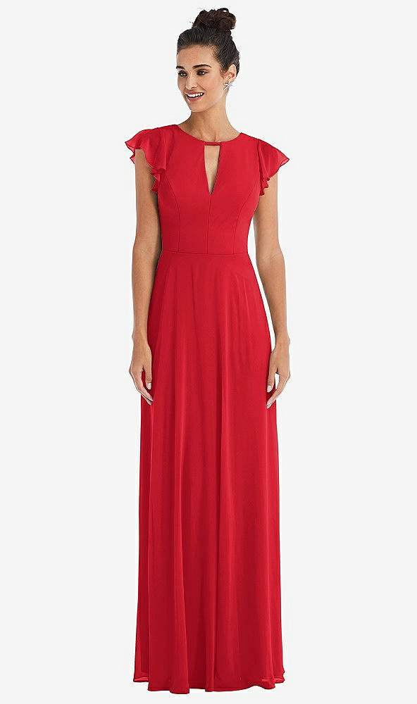 Front View - Parisian Red Flutter Sleeve V-Keyhole Chiffon Maxi Dress