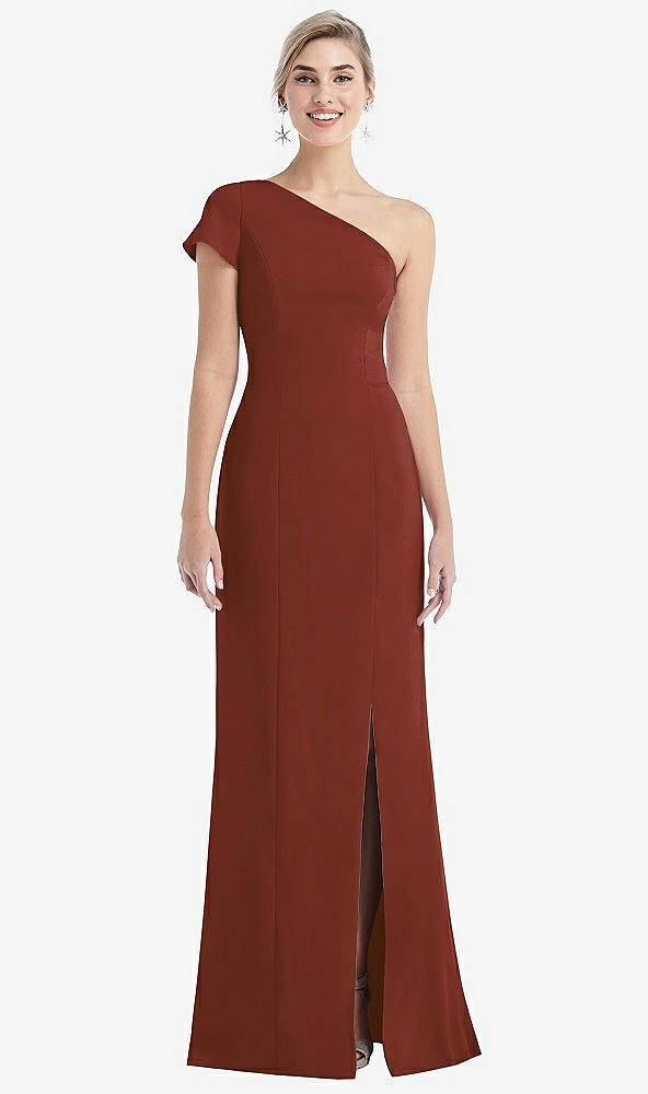 Front View - Auburn Moon One-Shoulder Cap Sleeve Trumpet Gown with Front Slit