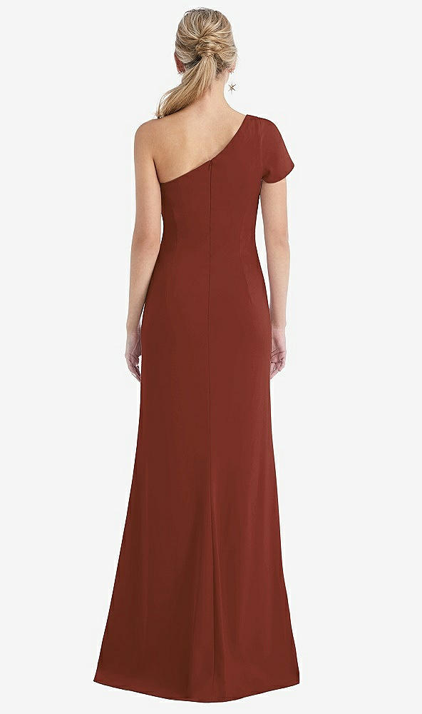 Back View - Auburn Moon One-Shoulder Cap Sleeve Trumpet Gown with Front Slit