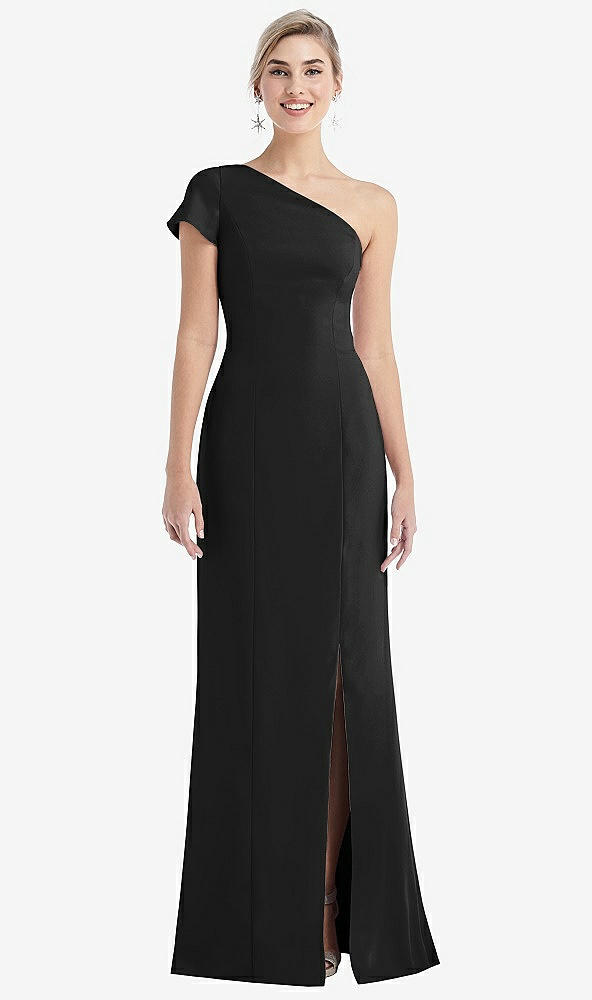 Front View - Black One-Shoulder Cap Sleeve Trumpet Gown with Front Slit