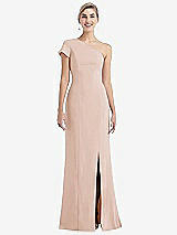 Front View Thumbnail - Cameo One-Shoulder Cap Sleeve Trumpet Gown with Front Slit