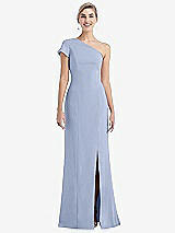 Front View Thumbnail - Sky Blue One-Shoulder Cap Sleeve Trumpet Gown with Front Slit