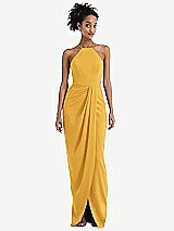 Front View Thumbnail - NYC Yellow Halter Draped Tulip Skirt Maxi Dress