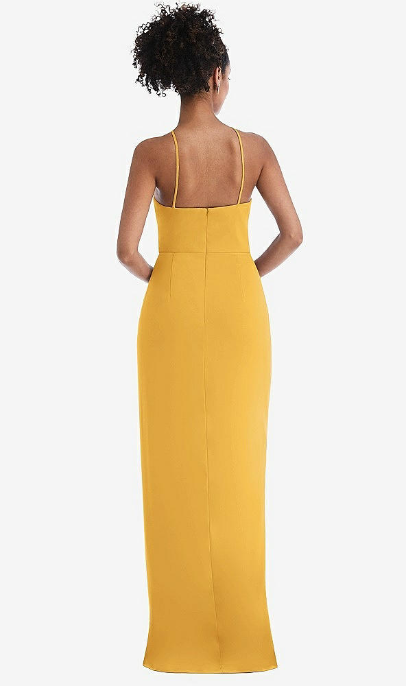 Back View - NYC Yellow Halter Draped Tulip Skirt Maxi Dress
