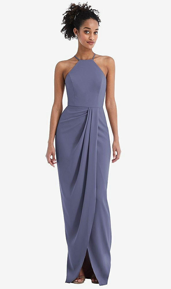 Front View - French Blue Halter Draped Tulip Skirt Maxi Dress