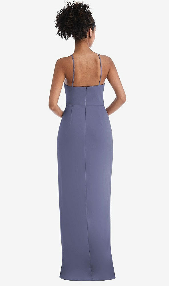 Back View - French Blue Halter Draped Tulip Skirt Maxi Dress