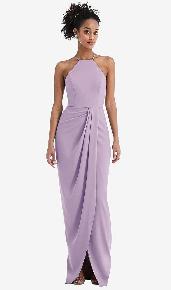Front View - Pale Purple Halter Draped Tulip Skirt Maxi Dress