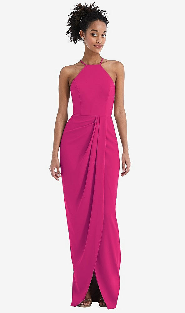 Front View - Think Pink Halter Draped Tulip Skirt Maxi Dress