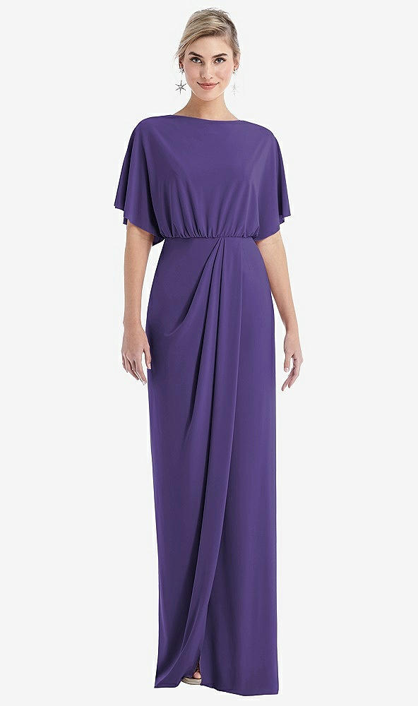 Front View - Regalia - PANTONE Ultra Violet Open-Back Three-Quarter Sleeve Draped Tulip Skirt Maxi Dress