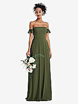 Alt View 1 Thumbnail - Olive Green Off-the-Shoulder Ruffle Cuff Sleeve Chiffon Maxi Dress