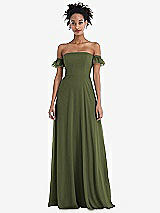 Front View Thumbnail - Olive Green Off-the-Shoulder Ruffle Cuff Sleeve Chiffon Maxi Dress