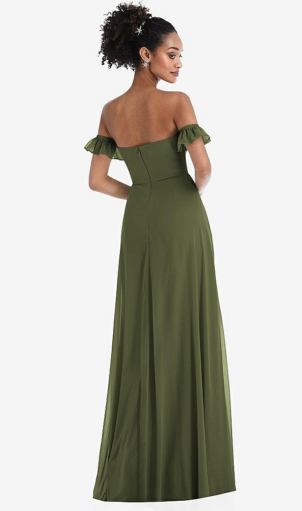 Back View - Olive Green Off-the-Shoulder Ruffle Cuff Sleeve Chiffon Maxi Dress