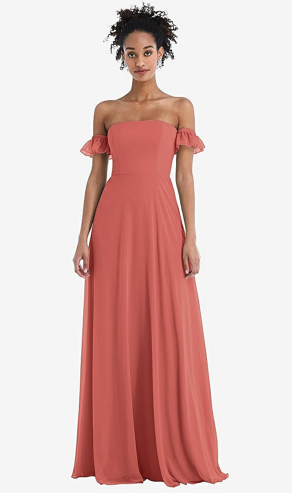 Front View - Coral Pink Off-the-Shoulder Ruffle Cuff Sleeve Chiffon Maxi Dress