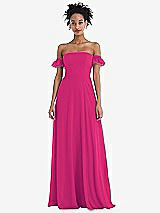 Front View Thumbnail - Think Pink Off-the-Shoulder Ruffle Cuff Sleeve Chiffon Maxi Dress