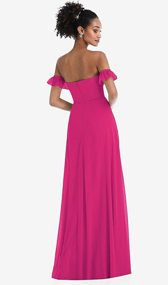 Back View - Think Pink Off-the-Shoulder Ruffle Cuff Sleeve Chiffon Maxi Dress