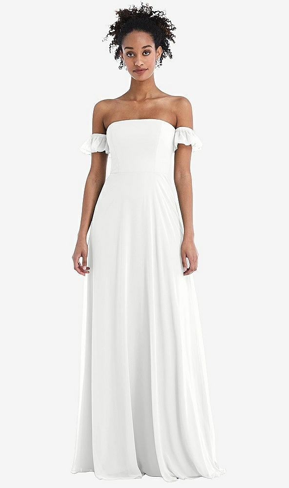 Front View - White Off-the-Shoulder Ruffle Cuff Sleeve Chiffon Maxi Dress