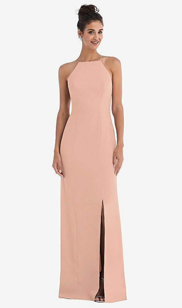 Front View - Pale Peach Open-Back High-Neck Halter Trumpet Gown