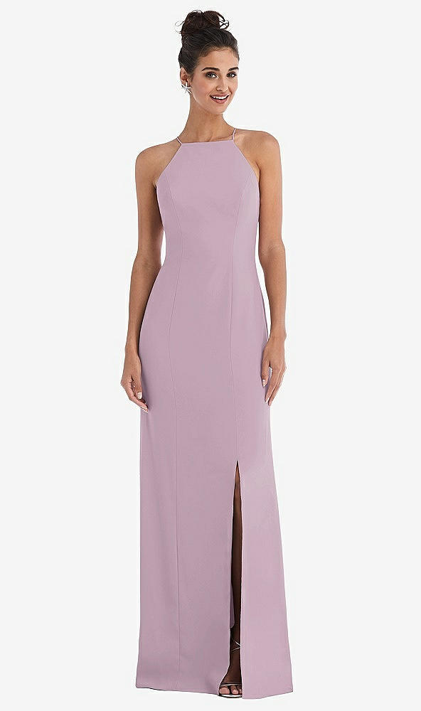 Front View - Suede Rose Open-Back High-Neck Halter Trumpet Gown