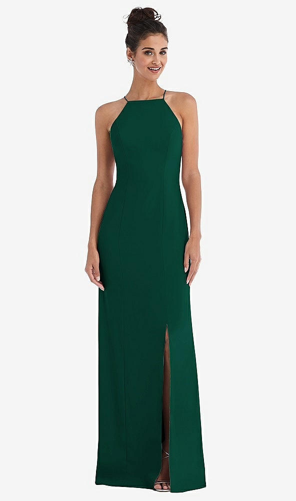 Front View - Hunter Green Open-Back High-Neck Halter Trumpet Gown