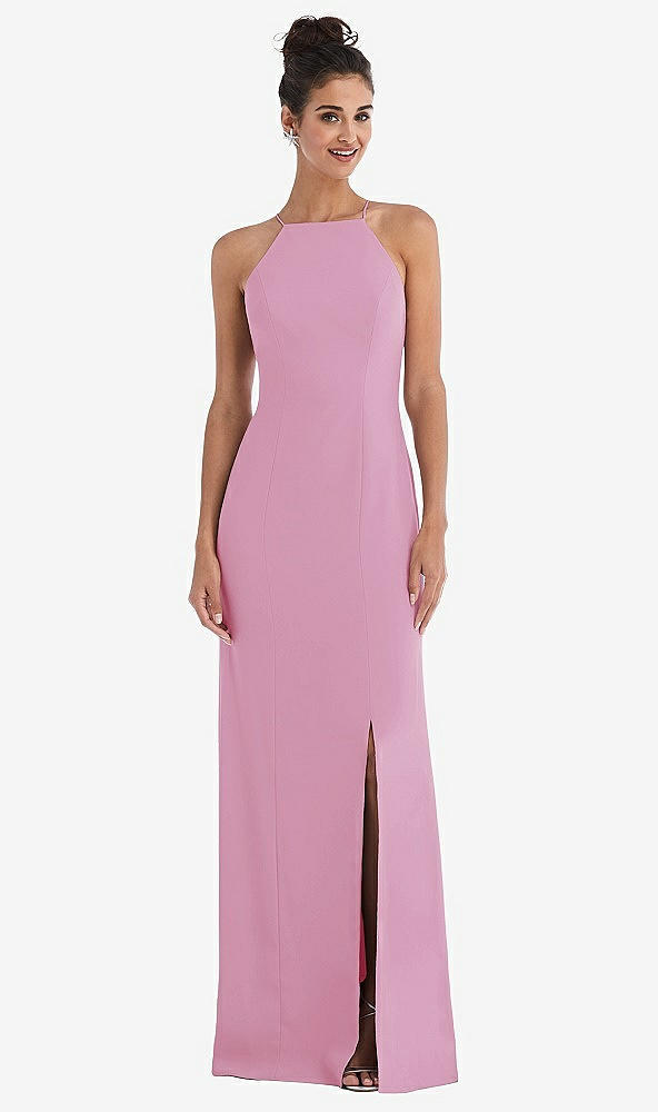 Front View - Powder Pink Open-Back High-Neck Halter Trumpet Gown