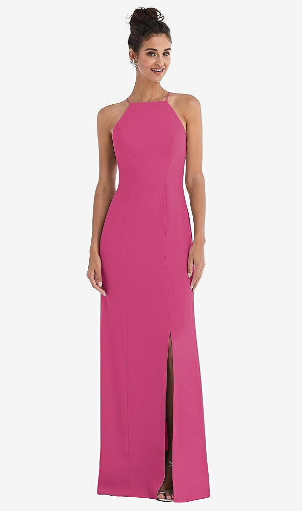 Front View - Tea Rose Open-Back High-Neck Halter Trumpet Gown