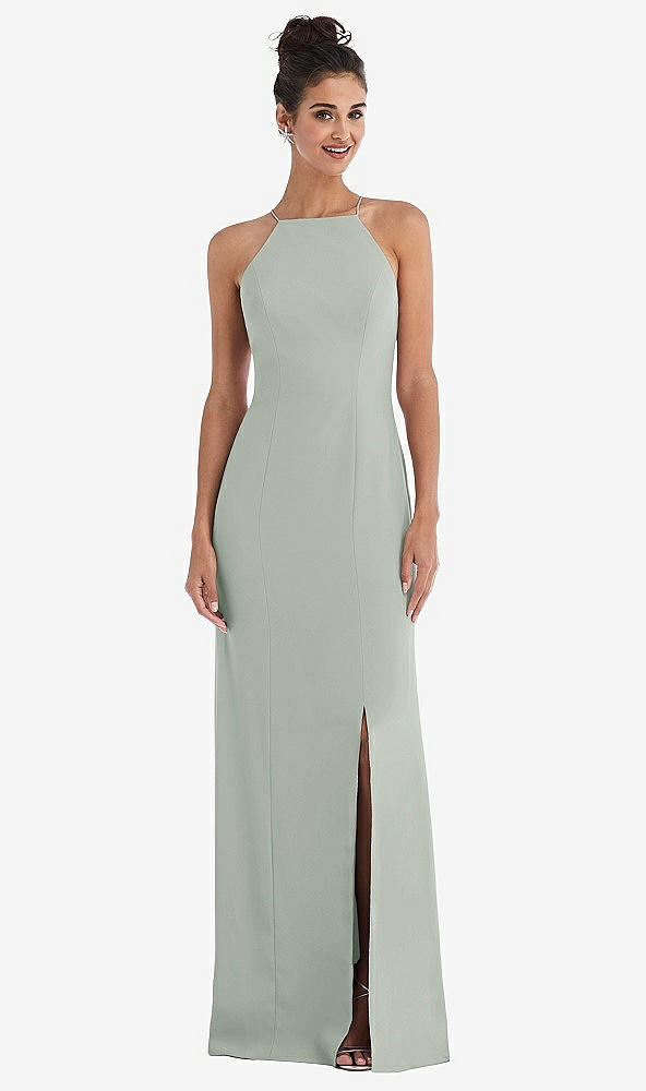 Front View - Willow Green Open-Back High-Neck Halter Trumpet Gown