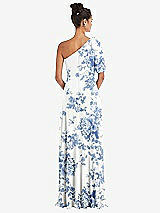 Rear View Thumbnail - Cottage Rose Dusk Blue Bow One-Shoulder Flounce Sleeve Maxi Dress