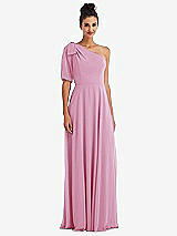 Front View Thumbnail - Powder Pink Bow One-Shoulder Flounce Sleeve Maxi Dress