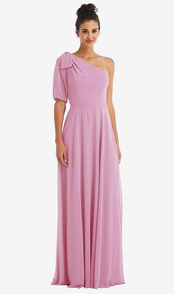Front View - Powder Pink Bow One-Shoulder Flounce Sleeve Maxi Dress