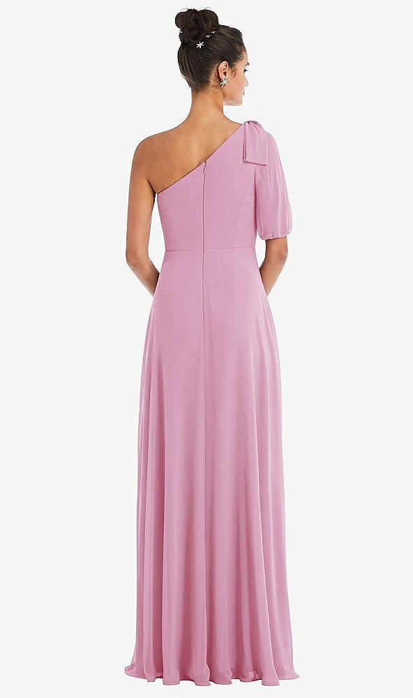 Back View - Powder Pink Bow One-Shoulder Flounce Sleeve Maxi Dress