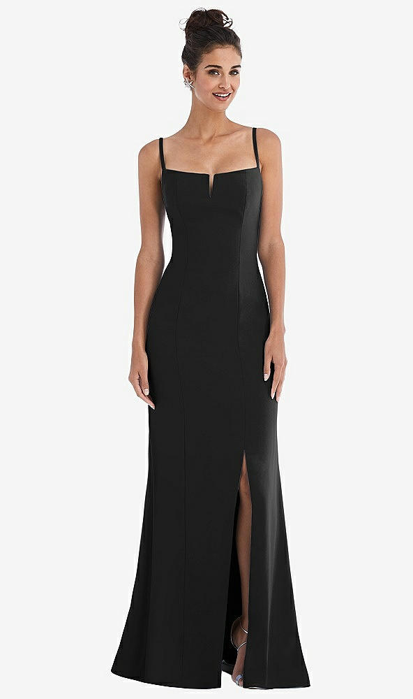 Front View - Black Notch Crepe Trumpet Gown with Front Slit