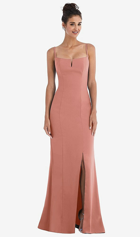 Front View - Desert Rose Notch Crepe Trumpet Gown with Front Slit