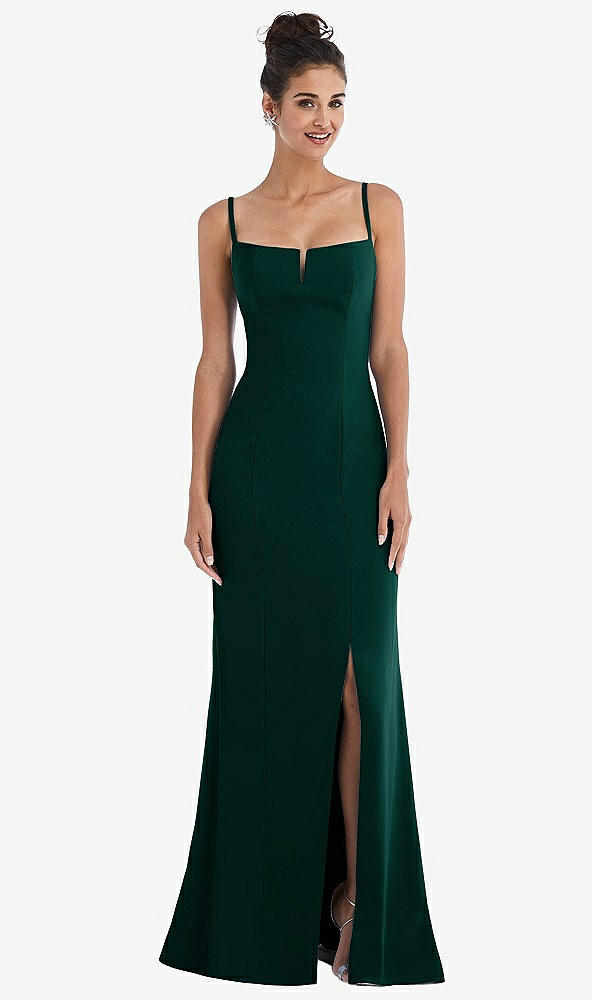 Front View - Evergreen Notch Crepe Trumpet Gown with Front Slit