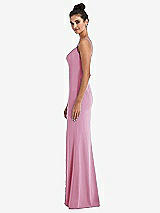 Side View Thumbnail - Powder Pink Notch Crepe Trumpet Gown with Front Slit