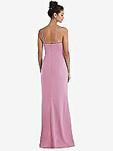 Rear View Thumbnail - Powder Pink Notch Crepe Trumpet Gown with Front Slit