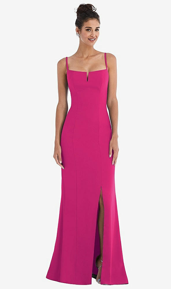 Front View - Think Pink Notch Crepe Trumpet Gown with Front Slit